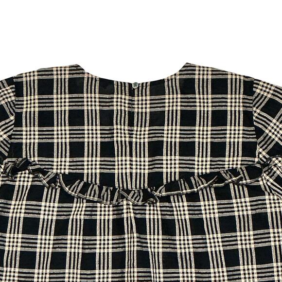 Madewell Metallic Plaid Yoke  Ruffle Trim Short Sleeve Top Brown Women's Small - Picture 7 of 10